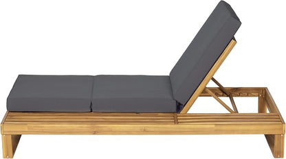 Merax 4-Piece Teak Finish Acacia Wood Chaise Lounge with 4-Inch Dark Grey 3-Fold Water-Resistant Cushion Set, 4-Position Adjustable Outdoor Patio Lounger with Flat Side Surface, for Poolside