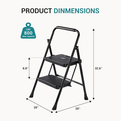 OLIXIS 2 Step Ladder, 880lbs Heavy Duty Step Stool with Anti-Slip Pedal | Portable Stepping Stool with Sturdy Ladder & Comfortable Handrail, for Kitchen, Garage & Outdoor Use, Black