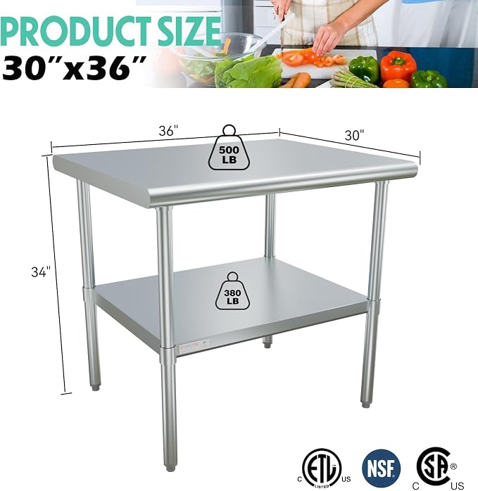 STABLEINK Stainless Steel Table with Undershelf 36x30 Inches 3ft for Prep | NSF Certified Heavy Duty Metal Work Table Workbench for Commercial Kitchen Restaurant Hotel Laundry Garage Chef Homemaker