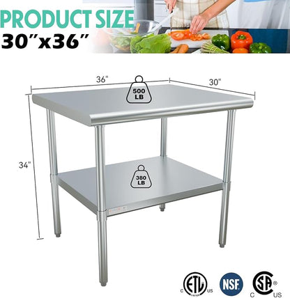 STABLEINK Stainless Steel Table with Undershelf 36x30 Inches 3ft for Prep | NSF Certified Heavy Duty Metal Work Table Workbench for Commercial Kitchen Restaurant Hotel Laundry Garage Chef Homemaker