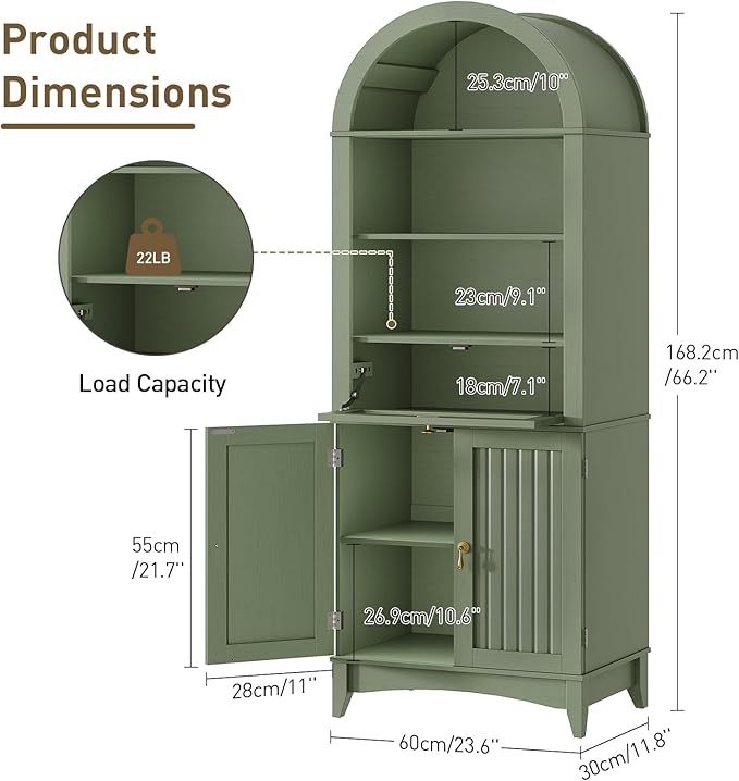 RALGEND 66" Tall Bathroom Storage Cabinet with Flip Drawer, Freestanding Storage Cabinet with Doors & Shelves,Arched Cabinets for Bathroom, Living Room, Kitchen, Laundry, Green