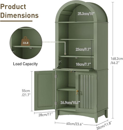 RALGEND 66" Tall Bathroom Storage Cabinet with Flip Drawer, Freestanding Storage Cabinet with Doors & Shelves,Arched Cabinets for Bathroom, Living Room, Kitchen, Laundry, Green