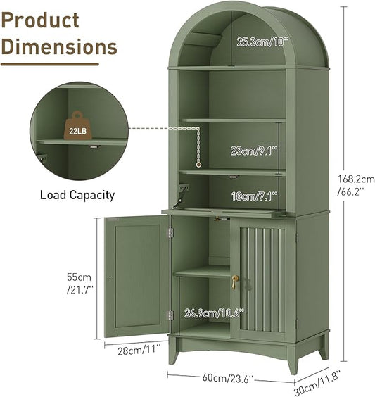 RALGEND 66" Tall Bathroom Storage Cabinet with Flip Drawer, Freestanding Storage Cabinet with Doors & Shelves,Arched Cabinets for Bathroom, Living Room, Kitchen, Laundry, Green