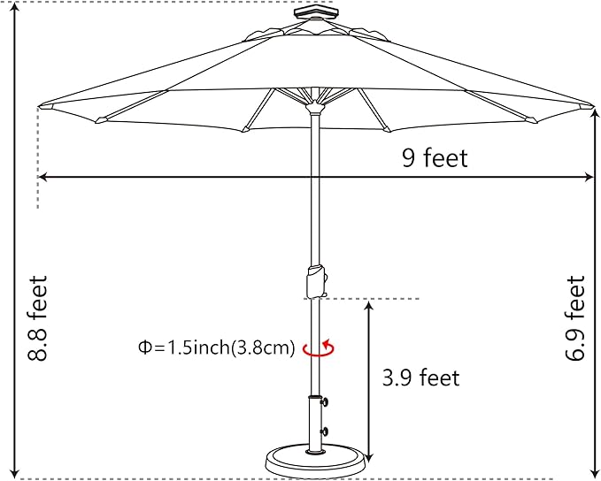 EliteShade USA 10-Year-Non-Fading 9ft Market Patio Umbrella, Commercial Grade Table Sun Umbrella with 80 Solar LED Lights, Crank Open, Windproof & UPF 50+ UV Protection for Garden, Deck, Pool, Backyard, Heather Beige