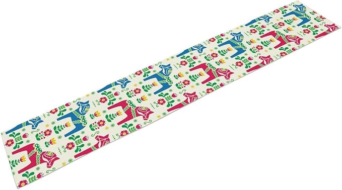 House Table Runner Swedish Art Horse and Flower,Cotton Linen Table Runner Decoration Kitchen Dining Table Runners for Indoor Outdoor Home Party Holiday Decor 13X70Inch