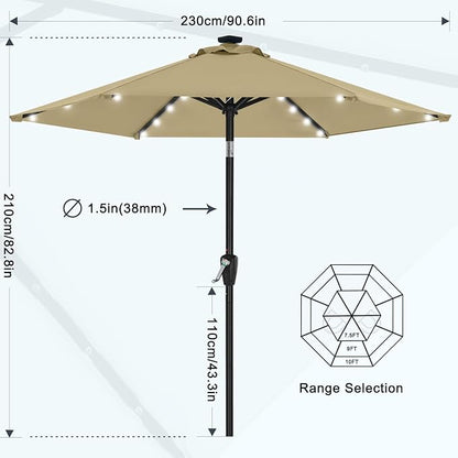 MASTERCANOPY 7.5FT 6Ribs Patio Umbrella with 32 Solar LED Lights, Outdoor Market Umbrella with Tilt & Crank, UV Protection & Fade Resistant Fabric, Easy Set-Up for Garden, Deck, Pool (Khaki)
