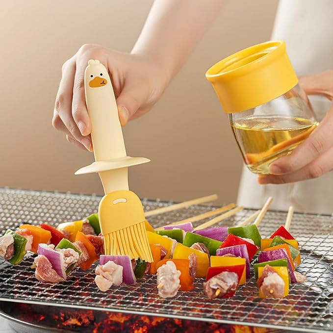6.8oz Oil Dispenser Bottle with Brush for Kitchen, Basting Bottle, Silicone Basting Brush, for Cooking BBQ Kitchen, Yellow