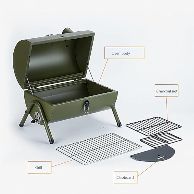 Portable Barbecue Grill Stainless Steel Barrel Charcoal BBQ Grill with Thermometer Features Side Vents and Wooden Carry Handle for Beach Outings, Garden, Party or Camping Trip (Color : Red)