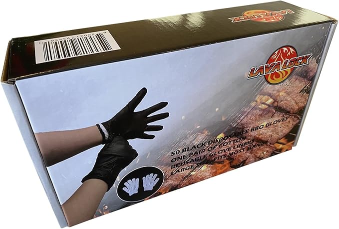 LavaLock Disposable Nitrile BBQ Gloves with Cotton Liners for Outdoor Cooking Grilling Smokers and Barbecue Competition, Chef or Kitchen use (Large 50 Count Black)