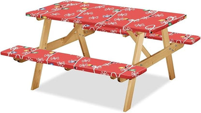 Christmas Colored Lights Snowflake Picnic Table Cover with Bench Covers 3 PCS for Outdoor Camping Rectangle Table Cloth for Picnic Camping Outdoor