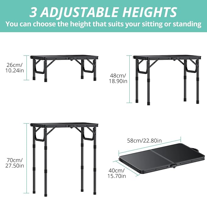VINTEAM Camping Folding Table with Adjustable Height, Lightweight Portable Outdoor Picnic Table, BBQ Grill Side Table, Durable Aluminum Frame, MDF Desktop for Camping, Fishing, RV, Beach (Black) | Max Load 30kg MDF Surface Easy to Clean, Lightweight, S...