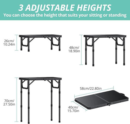 VINTEAM Camping Folding Table with Adjustable Height, Lightweight Portable Outdoor Picnic Table, BBQ Grill Side Table, Durable Aluminum Frame, MDF Desktop for Camping, Fishing, RV, Beach (Black) | Max Load 30kg MDF Surface Easy to Clean, Lightweight, S...