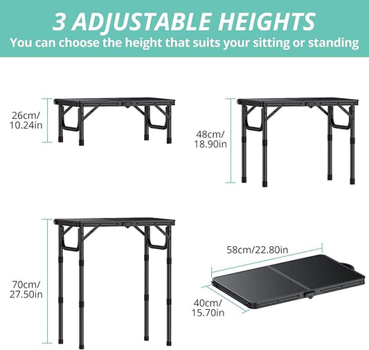 VINTEAM Camping Folding Table with Adjustable Height, Lightweight Portable Outdoor Picnic Table, BBQ Grill Side Table, Durable Aluminum Frame, MDF Desktop for Camping, Fishing, RV, Beach (Black) | Max Load 30kg MDF Surface Easy to Clean, Lightweight, S...