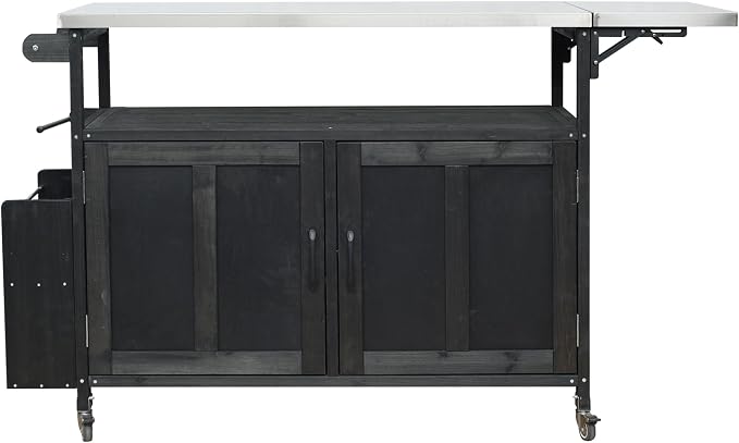 JIVOIT Outdoor Fir Wood Kitchen Island with Foldable Stainless Steel Top, Patio Mobile Kitchen Cart Portable Outdoor Cooking Island with Lockable Wheels, Storage Cabinet and Towel Rack (Black/124)