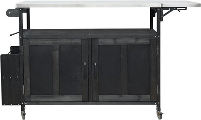 JIVOIT Outdoor Fir Wood Kitchen Island with Foldable Stainless Steel Top, Patio Mobile Kitchen Cart Portable Outdoor Cooking Island with Lockable Wheels, Storage Cabinet and Towel Rack (Black/124)