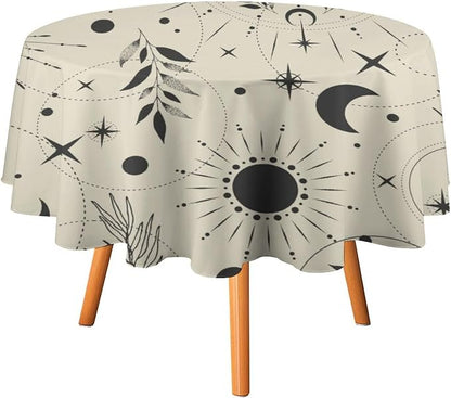 Sun Moon Round Tablecloth Vintage Boho Astrology Star Crescent Galaxy Space Table Cloth Water Resistant Wipeable Table Cover for Farmhouse Picnic Party Holiday Kitchen Dinner Table 60"