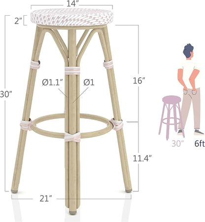 Seadrift Boho 30-inch Aluminum and All-Weather Wicker Barstools with Footrest, Patio Stools & Bar Chairs for Outdoor, Kitchen Counter, Poolside, Yard, Set of 2, White and Pink