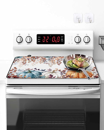 Stove Top Covers for Electric Stove 24x21 Inches, Fall Eucalyptus HeatResistant Glass Cooktop Protector, Orange Blue Pumpkins Thanksgiving Leaves Ceramic Stovetop Countertop Covers Mat, Oven Cover