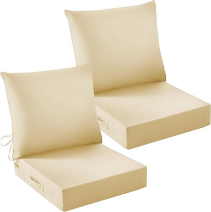 Outdoor Chair Cushions, 24 x 24 Inch Outdoor Cushion for Patio Furniture, Patio Chair Cushion, Waterproof & Fade Resistant Deep Patio Furniture Cushion Set with Handle and Ties, Light Khaki (Set of 2)