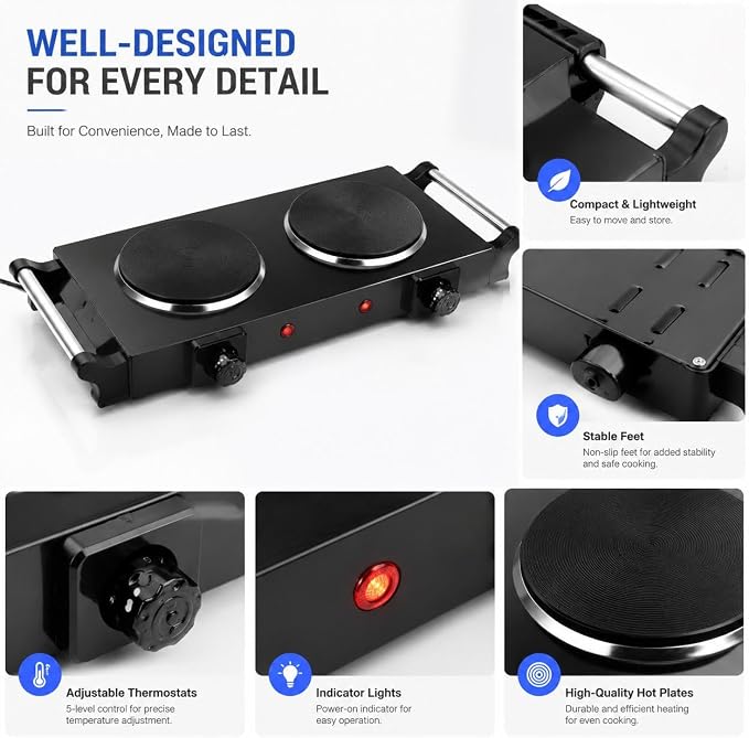 2000W Portable Electric Double Burner Hot Plate, Countertop Coil Heating Stove with 5 Temperature Control & Carry Handles for Home Kitchen RV Camping Use (black)