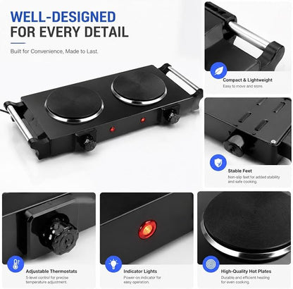 2000W Portable Electric Double Burner Hot Plate, Countertop Coil Heating Stove with 5 Temperature Control & Carry Handles for Home Kitchen RV Camping Use (black)