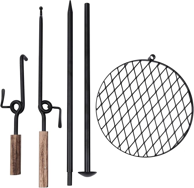 2-in-1 Adjustable Swivel Campfire Grill, Heavy-Duty Portable Charcoal Grill for Camping BBQ, Outdoor Barbecue Grill with Detachable Baking Pan and Grilling Rack,A-1