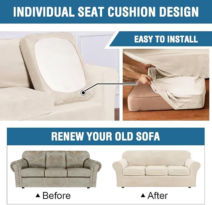 H.VERSAILTEX Modern Velvet Plush 4 Piece High Stretch Sofa Slipcover Furniture Protector Form Fit Velvet Extra Large Sofa Cover for 3 Cushion Couch Width Up to 105 Inch (XL Sofa, Cream)