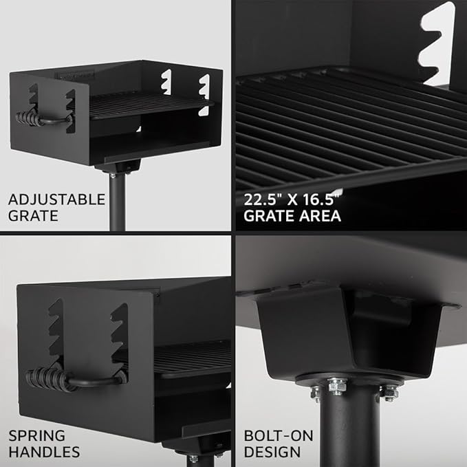 Ash & Ember 384 Sq. In Park-Style Charcoal Grill, Single Post Barbeque Grill, Adjustable Grate Height with Spring Handles, Outdoor Camping & Backyard BBQ Cookout