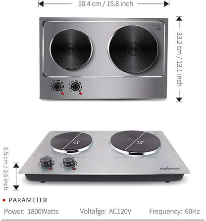 CUSIMAX 1800W Double Hot Plate, Stainless Steel Silver Countertop Burner Portable Electric Double Burners Electric Cast Iron Hot Plates Cooktop, Easy to Clean, Upgraded Version C180N