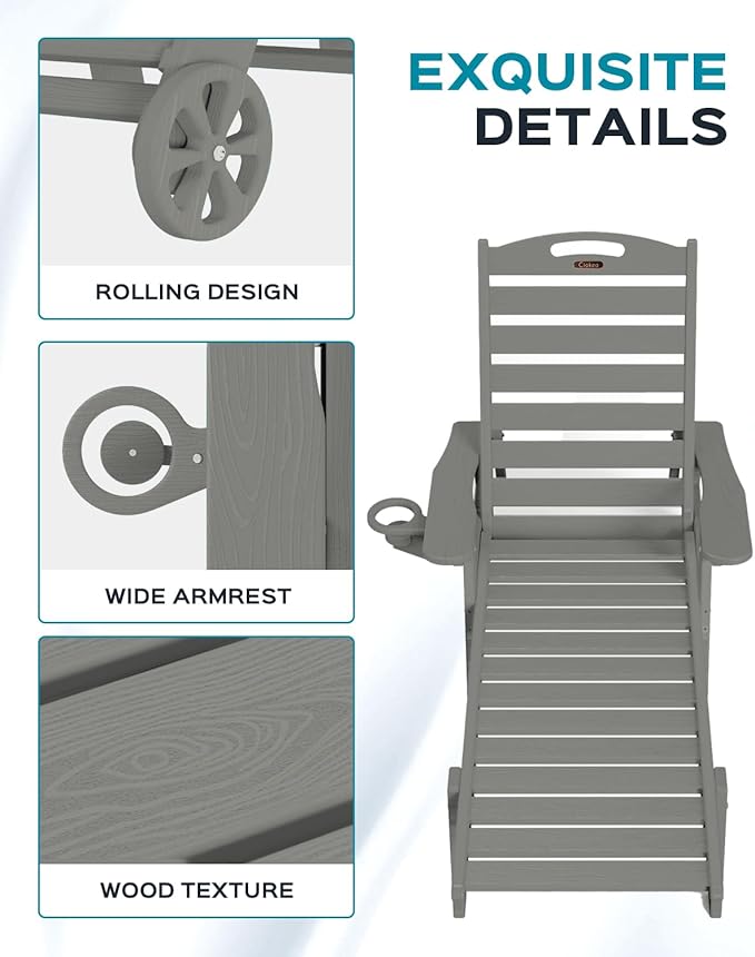 Ciokea Outdoor Lounge Chair Set of 4, All Weather Patio Chaise Lounge Chairs for Outside, HDPE Chair with Rolling Wheels & Cup Holder, 5 Position, Deck, Pool, Grey