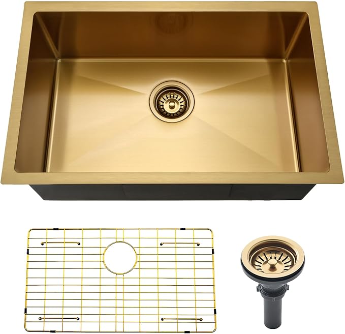 Gold Kitchen Sink Undermount, Jshozzy 27x16 Undermount Kitchen Sink Stainless Steel 16 Gauge Single Bowl Under Counter Deep Sink