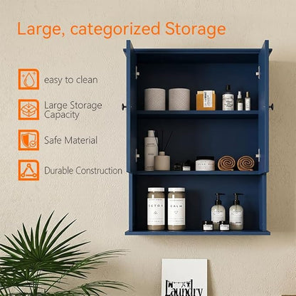 Medicine Cabinet, Over The Toilet Storage Cabinet, 24x30 Inch Wall Mount Bathroom Storage Cabinet with 2 Doors & Adjustable Shelf, Wooden Bathroom Wall Cabinet, Blue