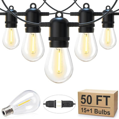 Brightown Outdoor String Lights, 50FT 15 Bulbs Shatterproof Patio Lights, IP65 Waterproof Dimmable Hanging Connectable LED Outdoor Lights for Backyard, Bistro, Porch, Deck, Balcony
