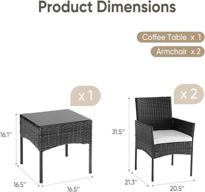 DUMOS Patio Furniture Set 3-Piece, Outdoor Wicker Bistro Set, Black | All-Weather Rattan Chairs, Removable Cushions, Tempered Glass Table, Small Conversation For Porch Balcony Lawn Backyard