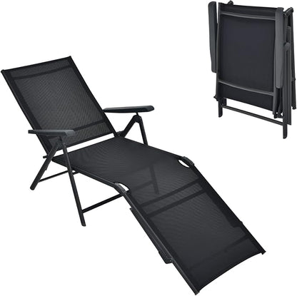 Tangkula Folding Lounge Chair Outdoor, Recliner Chaise Lounge with 5-Position Adjustable Backrest & 2-Position Footrest, No Assembly Required, Suitable for Patio Poolside Beach Yard (1, Black)