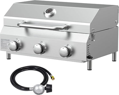 Bestfire 3-Burner Tabletop Gas Grill, 30,000 BTU Portable Propane Grill, Heavy-Duty Thickened Stainless Steel Grates, Stainless Steel Knobs, Compact & Detachable Legs for Camping, RV&BBQ