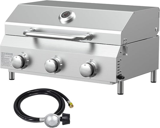 Bestfire 3-Burner Tabletop Gas Grill, 30,000 BTU Portable Propane Grill, Heavy-Duty Thickened Stainless Steel Grates, Stainless Steel Knobs, Compact & Detachable Legs for Camping, RV&BBQ