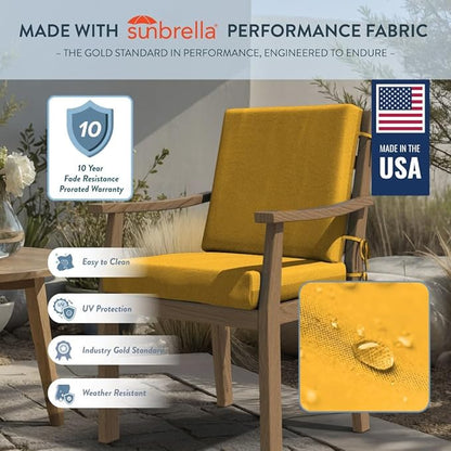 California Umbrella Outdoor Dining Chair, Set of 2 Patio Seat Cushions, 20 x 40 Inch, Premium Outdoor Memory Foam, Fade Resistant, Sunbrella Fabric, Fabric Ties, Sunflower Yellow