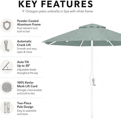 Treasure Garden 9ft Patio Umbrella - Outdoor Furniture Market Umbrella – Deluxe Auto-Tilt – White Aluminum Frame (Sunbrella, Spa)