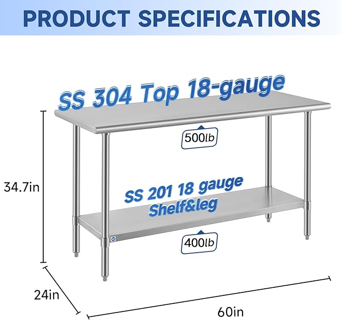 ROCKPOINT SS304 Top All Stainless Steel Table for Prep & Work 24x60 Inches, NSF Commercial Kitchen Heavy Duty Table with Adjustable Undershelf for Restaurant,Kitchen, Home and Hotel