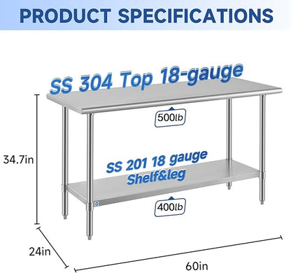 ROCKPOINT SS304 Top All Stainless Steel Table for Prep & Work 24x60 Inches, NSF Commercial Kitchen Heavy Duty Table with Adjustable Undershelf for Restaurant,Kitchen, Home and Hotel