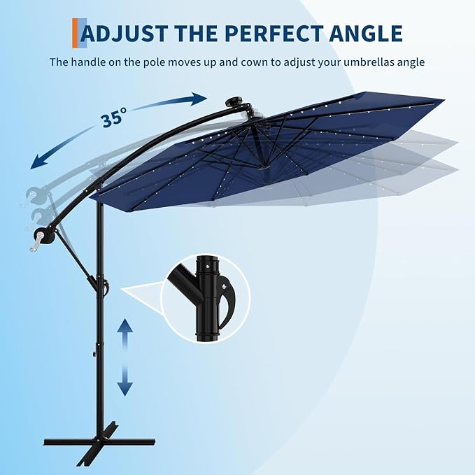 Garvee 10FT Solar Lights Offset Patio Umbrella with Cross Base, Navy Blue | Cantilever Umbrella with Easy Lift & Tilt Adjustment, 8 Ribs Sun umbrella UV Protection for Backyard, Pool, Garden