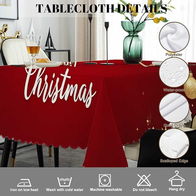 Swono Merry Christmas Table Cover Gold Christmas Deer Snowflakes 50x72 Inch Table Cloth for Rectangle Tables Buffet Parties Coffee BBQ and Dinning Tablecloth, Red