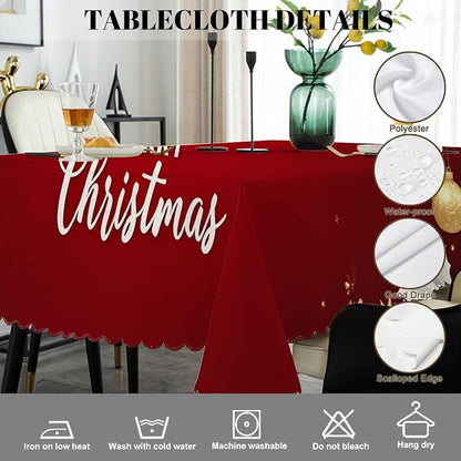 Swono Merry Christmas Table Cover Gold Christmas Deer Snowflakes 50x72 Inch Table Cloth for Rectangle Tables Buffet Parties Coffee BBQ and Dinning Tablecloth, Red