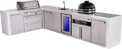 Mont Alpi Premium 4-Burner 82"x146" L-Shaped 400 Deluxe Stainless Steel Modular Outdoor Kitchen Island BBQ Gas Grill + Beverage Center Refrigerator Faucet & Sink + Kamado + Storage Drawers & Cabinets