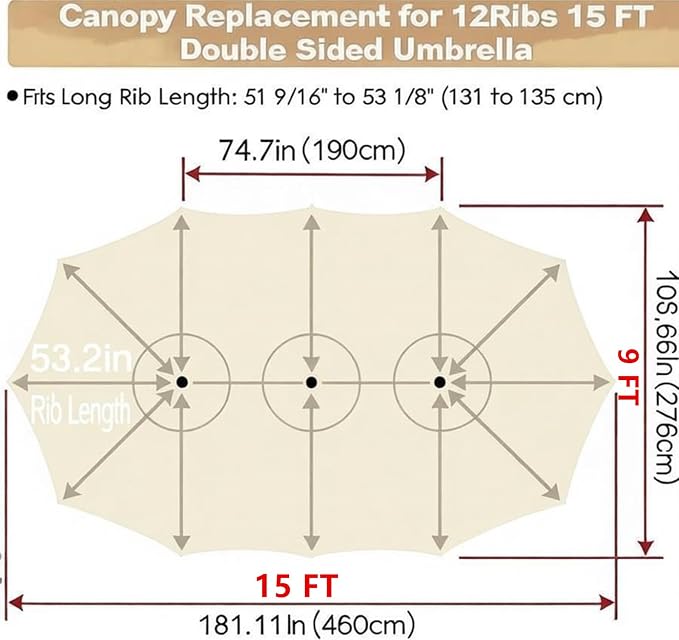 15ft Patio Umbrella Replacement Canopy for 12 Ribs, Large Outdoor Umbrella Top Cover Only,Double-Sided Fabric for Market Umbrellas, Sombrillas de Patio Repuesto (Frame NOT Included),beige