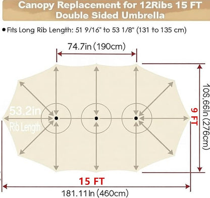 15ft Patio Umbrella Replacement Canopy for 12 Ribs, Large Outdoor Umbrella Top Cover Only,Double-Sided Fabric for Market Umbrellas, Sombrillas de Patio Repuesto (Frame NOT Included),beige