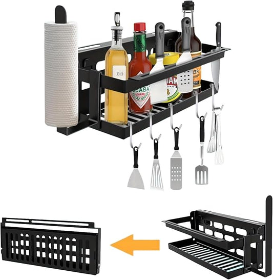 Upgrade Foldable Griddle Caddy for 17''/22''/28"/36" Blackstone BBQ Griddle,Space Saving Grill Tool Holder for Blackstone BBQ Accessories Organizer,with Paper Towel Holder&Knife Rack&Hooks
