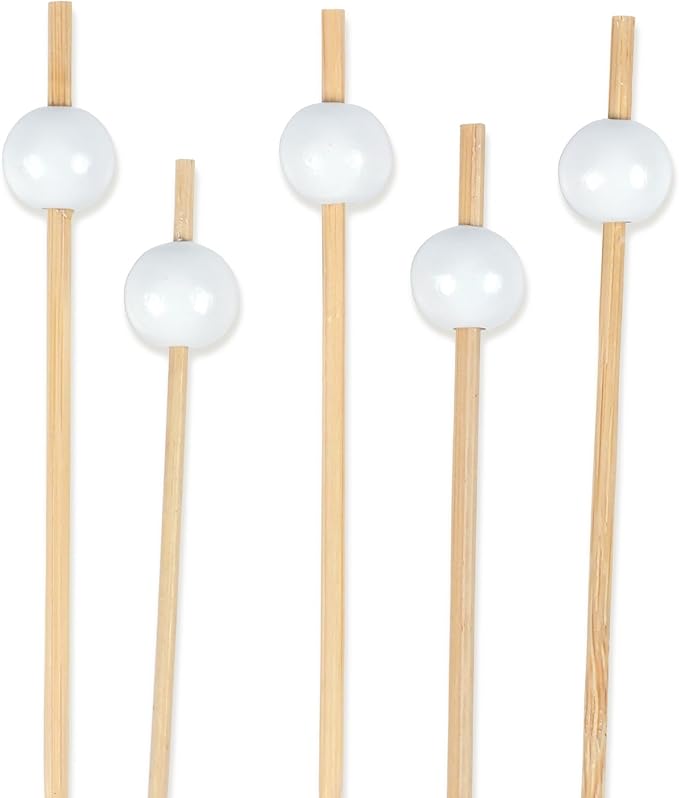 BambooMN Decorative Ball End Cocktail Fruit Sandwich Picks Skewers for Catered Events, Holiday's, Restaurants or Buffets Party Supplies - 4.7" White, 100 pcs