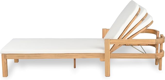 Christopher Knight Home Kayas Acacia Wood Chaise Lounge with Adjustable Backrest, 77.5" Outdoor Sun Lounger with Cushion, Modern Patio Lounger Recliner Chair for Poolside Lawn, Light Teak+Cream,1PCS